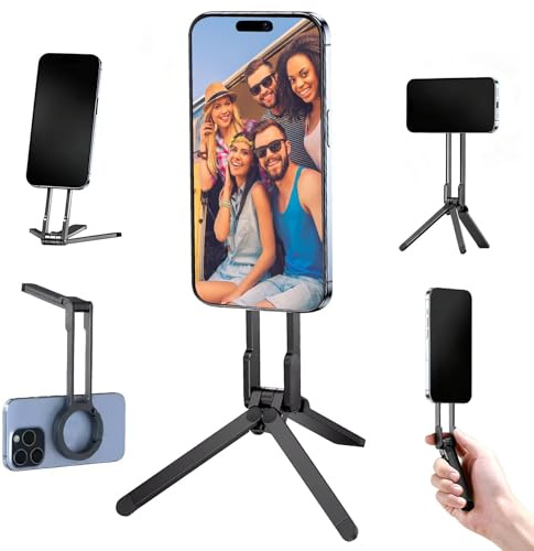 Treppiede Magnetico Smartphone Universale in Alluminio Premium Nero Opaco, Mini Cavalletto Pieghevole 3-in-1 con Magnete 12N, Supporto da Tavolo Portatile Compatibile con iPhone 17/16/15/14/13/12