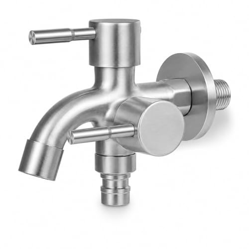 2 Wege Wasserhahn Edelstahl 304 mit Doppelanschluss, Rostfrei & Korrosionsbeständig, Zwei Separat Steuerbare Ausgänge für Waschmaschine, Gartenschlauch, Garten, Terrasse und Außenbereich