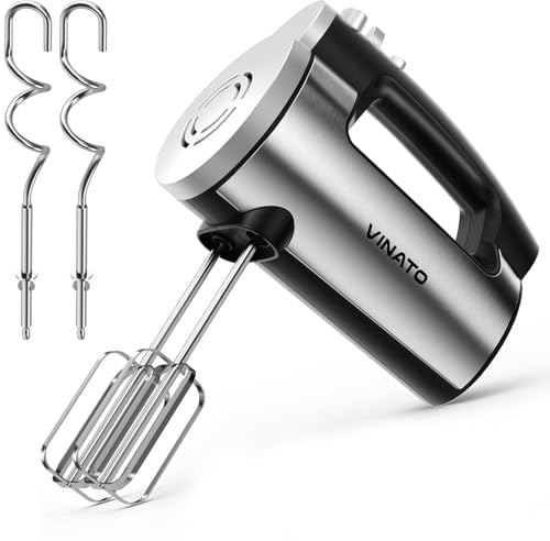 VINATO Batidora de Mano Eléctrica, 300W con 6 Velocidades, 2 Varillas y 2 Ganchos Amasadores de Acero Inox para Mezclar Huevos, Masas y Pasteles