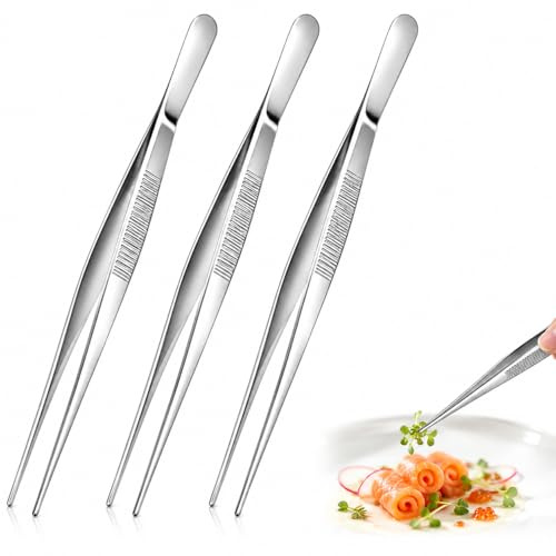 3PCS 12 Inch Kitchen Cooking Fine Tweezer Tongs, Cooking Extra Long Precision Stainless Steel Food-GradeTools Chef Tweezers and Cooking Tongs with Fine Tips for Frying, Cooking, Grill and Baking