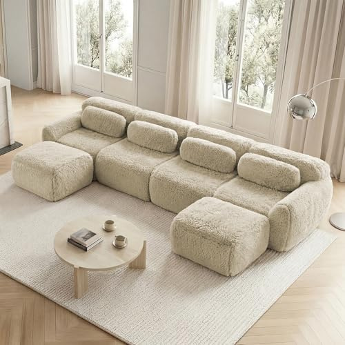 Divano angolare-U,divano modulare,divano 4 posti con 2 poggiapiedi,4 cuscini,divani da soggiorno con Braccioli extra larghi ergonomico,imbottitura altamente elastica 32D,base antiscivolo,Cachi chiaro