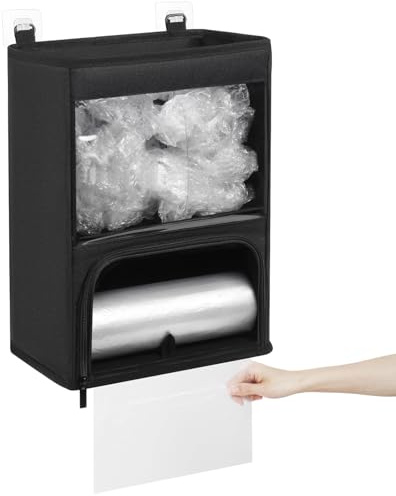 2-in-1 Plastic Bag Holder with Clear Window, Large Grocery Bag Holder and Trash Bag Dispenser with Easy-Access Openings, Plastic Bag Organizer for Kitchen RV Cabinet Wall Mounted (Black）