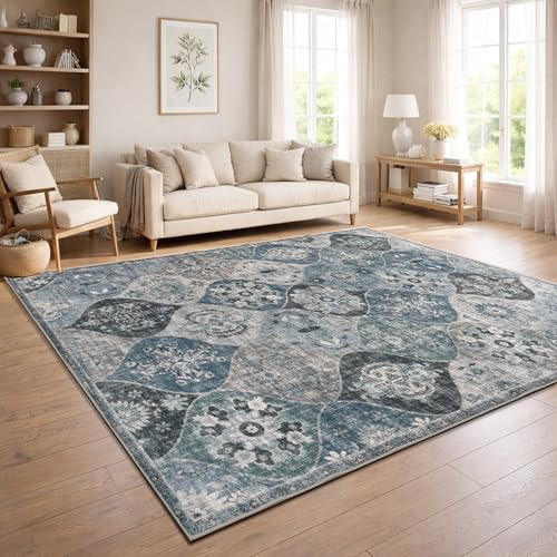 Paco Home Vintage Wohnzimmerteppich Kurzflor Boho Stil Waschbar & rutschfest pflegeleicht modernes Retro Design, Farbe:Türkis, Größe:120x160 cm