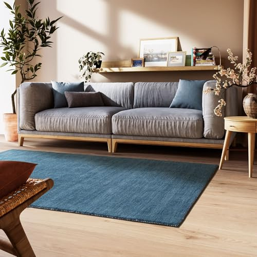 Steffensmeier Gabbeh Teppich Nomade | Wolle (Schurwolle) Blau, Größe: 80x150 cm Kurzflor für Wohnzimmer, Flur, Ethno Look