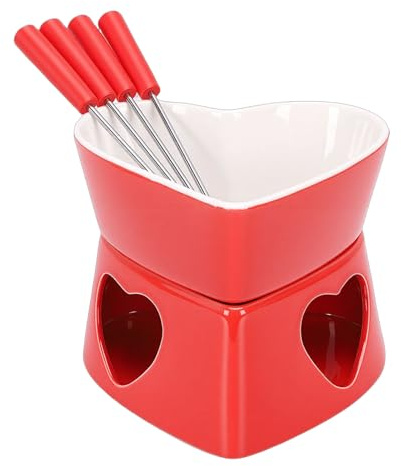 OVAQUIXI Juego de Fondue en Forma de Corazón, Olla de Cerámica para Fondue de Chocolate y Queso con Tenedor y Vela, para de Cumpleaños de Valentín, Cena Romántica