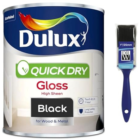 Black Quick Dry Gloss Paint 750ml+ 1 Paint Brush | Interior Wood and Metal Paint | High Shine Durable Finish | Fast Drying Trim Paint for Doors Skirting Boards Radiators and Furniture