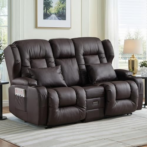 TCGBKAF Kinosessel 2-Sitzer manuell, Relaxsessel mit Liegefunktion & Getränkehalter, Doppel-Fernsehsessel Relaxsofa verstellbar mit Klappkonsole, Heimkino Sofa Zweisitzer für Wohnzimmer, Kunstleder