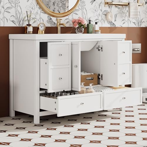 Tocador de baño grande de 120 cm de ancho, superficie lacada, cuatro cajones silenciosos, puertas dobles con función de cierre suave, lavabo de resina integrado, color blanco, 120 x 50 x 86,5 cm