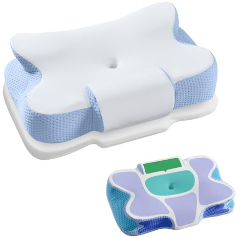 SONGMICS Cuscino Letto Cervicale, Memory Foam, Guanciale Ergonomico, Regolabile, per Chi Dorme sul Lato, sulla Schiena e sulla Pancia, con Tocco Fresco, Bianco Nuvola e Blu TBP051Q101