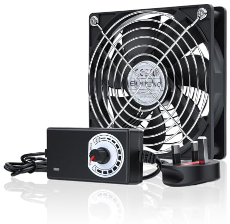 ELUTENG 12V DC Fan with 100V-240V Stepless Speed Controller 120mm Quite Fan | Computer Case Fan with Metal Grill Guard and UK Plug, Brushless Cooling Fans 3000RPM Max for PC, Server, AV Cabinet Cooling