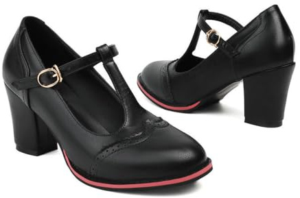 Women's Mary Jane Oxford Pumps T-Strap Round Toe Low Block Heels | Leather Mid Chunky Heel Cute Kawaii Dress Shoes Vintage Closed Toe Ankle Strap Heels for Work Party Wedding