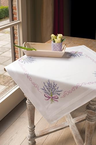 VERVACO Kreuzstich Stickpackungen Tischdecke Lavendel Stickdecken Vorgezeichnet Basteln Erwachsene Kreativ Set Vorgedruckte Decke Sticken 80 x 80 cm Stickset DIY Sticken Set