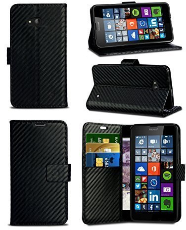 London Gadget Store Compatible with Sony Xperia M4 Aqua E2303 - Carbon Fibre Style Leather Wallet Flip Skin Case Cover with Screen Protector and Polishing Cloth in Black