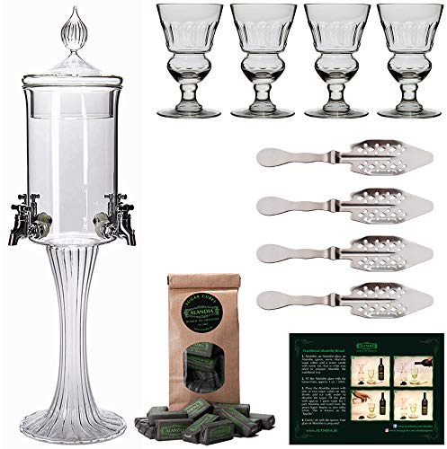 ALANDIA Absinthe Fountain Set Heure Verte: Fountain with 4 Spouts | 4 Glasses | 4 Spoons | Absinthe Sugar Cubes! Drink Traditionally