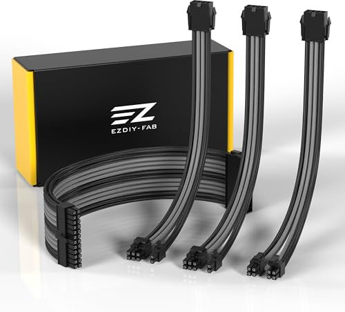 EZDIY-FAB Benutzerdefinierte PSU Verlängerungskabel Verlängerungskabel MOD GPU PC Netzteil aus weichem Nylon geflochten mit 24PIN/8PIN auf 6+2Pin/8PIN zu 4+4+4PIN-300MM Schwarz Grau