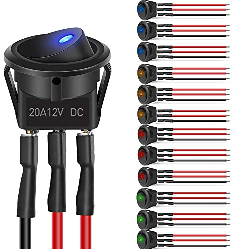 VISSQH Lot de 12 interrupteurs à bascule ronds 12 V 3 broches pour voiture NO/Off 12 V 20 A/24 V 10 A LED interrupteur levier (avec fils pré-soudés)