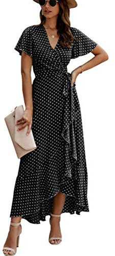 ORANDESIGNE Femme Polka Dot Robes Été Longues Col V Manches Courtes Asymétrique Maxirobe Boho Robe de Soirée Robe à Fleurs C Noir M