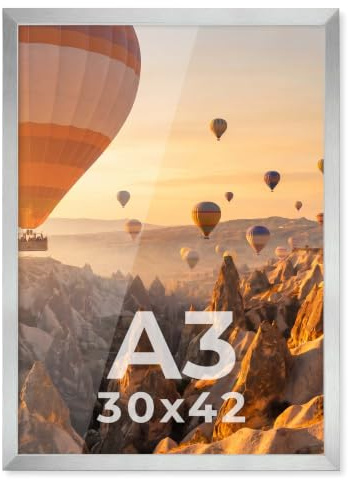 PHOTOLINI Bilderrahmen A3 Holz MDF Silber, A3 Bilderrahmen 30x42 Holz MDF, DIN A 3 Rahmen mit Acrylglas, Picture Frame 42x30 zum Aufhängen, Rahmen 42 x 30 mit Zubehör für DINA3 Fotos & Poster