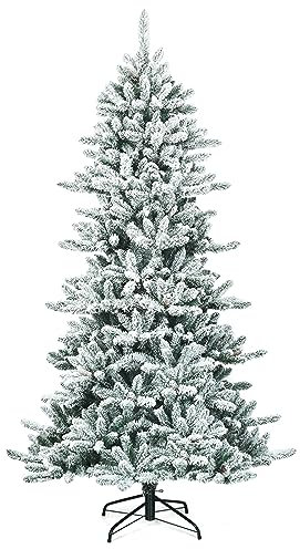 COSTWAY Albero di Natale Artificiale 210 cm, Albero di Natale Innevato con 1108 Rami Densi, Pigne Bianche e Base in Ferro, Decorazione Natalizia per Casa, Negozio e Ufficio