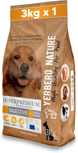 Yerbero Nature Digestive, Pienso Hipoalergénico para Perros Adultos, Alimento de Pollo, Low Grain, con Arroz, Omega 3, Sin Gluten, 3kg