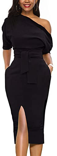 LILYIN Womens Classy Off Shoulder Short Sleeve Belted Side Slit Midi Pencil Dress with Pockets (Classic Black, L)