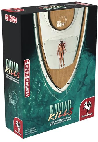 Pegasus Spiele 19014G - Deadly Dinner - Kaviar Kills - Krimi Dinner für Zuhause - 7 bis 11 Spieler - Krimispiele für Erwachsene - Krimidinner Spiel, Schwarz