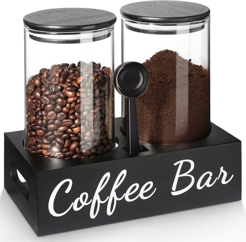 gmisun Coffee Container, 2 Pcs 50 Fl oz Airtight Bean Storage Canister, Black Glass Ground Coffee and Sugar Jar Set with Scoop/Shelf/Labels, Sugar/Tea Holder Containers for Cafe Bar Countertop