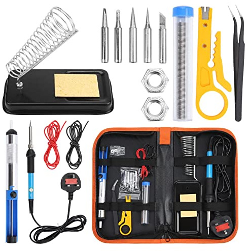 XJYMCOM Soldering Iron Kit with Solder 60W Welding Tools Adjustable Temperature 200-450°C Soldering-Iron Gun Kit 5 Soldering Tips Desoldering Pump Solder Wire Wire Stripper Cutter Stand Tool Case