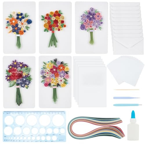 WEBEEDY Kit per quilling di carta, 20 set di bouquet di fiori, kit per la creazione di biglietti di auguri, con strisce per quilling, righello, strumenti per quilling, set fai da te, arti fatte a mano