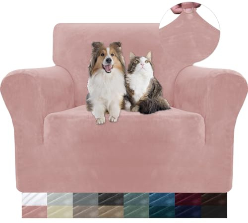 YSTELLAA Samt Sofa Überzug 1 Sitzer, Stretch Sesselhusse Universal, Sofaschoner rutschfest, Sofa Covers Mit Armlehne, Couch Bezug Schutz Katze, Waschbare Couchschoner, Rosa