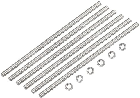 TOP-VIGOR 6Pcs M4 x 250mm Fully Threaded Rod, 304 Stainless Steel Right Hand Threads Rods, Fully Studding Rod Bar with 6Pcs Hex Nuts for Anchor Bolts, Clamps, Hangers and U-Bolts
