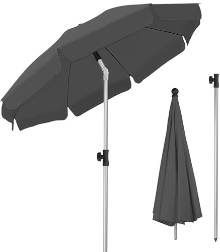 TLGREEN 2m Beach Parasol, Portable Tilting Garden Umbrella, Outdoor Sun Shade with UV Protection, 8 Steel Ribs, Base Not Included, for Outdoor Beach/Garden/Pool/Patio, Grey