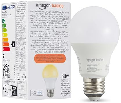 Amazon Basics Lampadina LED intelligente, dimmerabile, attacco E27, bianco caldo, 8W (60W Equivalent), compatibile solo con Alexa, 1 confezione