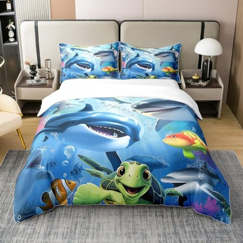 Cartoon Ozean Tier 100% Baumwolle Bettbezug,Nette Hai Schildkröte Tröster Abdeckung für Kinder Jungen Mädchen,Tropische Fische Bettwäsche Set,Unterwasser Welt Bettbezug 155x220