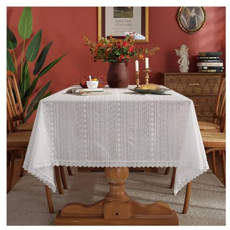 Daesar Tischdecke Outdoor Wetterfest, Tischtuch 100x140CM Weiß Spitze mit Blumen Motiv Französisch Tischdecken Abwaschbar für Draußen Party Garten