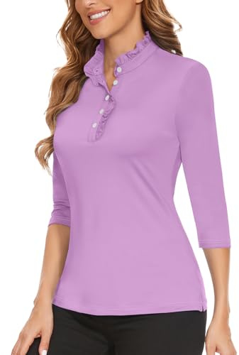 Soneven Camicetta da donna, elegante, maniche a 3/4, da golf, da donna, a maniche lunghe, da ufficio, con volant