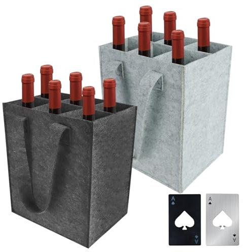 Upgrade Große Flaschentasche mit 6 Fächer, 2 Stück Flaschenträger Filz Flaschenkorb Flaschen Tasche 28x24x18 CM mit 2 Bieröffner, Wiederverwendbar Getränketasche Weinflasche Tasche für Party Reise