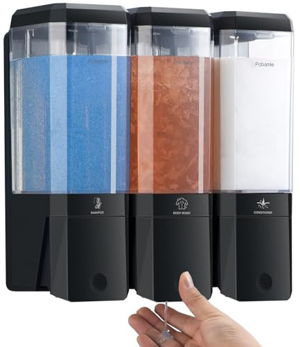 Shampoo and Conditioner Dispenser Wall Mounted, Shower Soap Dispenser No Drill Upadate Easy Slot Install, Shampoo Dispenser for Shower Bathroom Large Capacity 500ml * 3 Chamber Holder Black