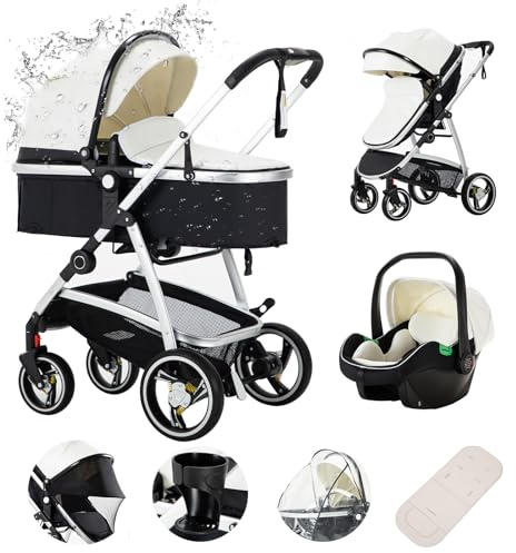 Zkiprm Carrito Bebe 3 en 1, Carrito Bebe Plegable con un Solo Toque, Carro Bebe con Asiento de Coche y Gran Cesta Para Dormir, Carro Bebe 3 Piezas Para Todas Las Estaciones Blanco