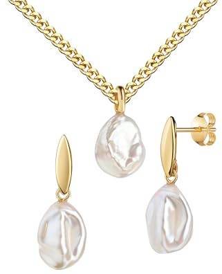 JEVELION 585 Gold Schmuckset Keshi-Perle 2x Ohrstecker + Goldanhänger für Damen. Perlen-Schmuckset mit Kette oder ohne Kette wählbar + Zertifikat