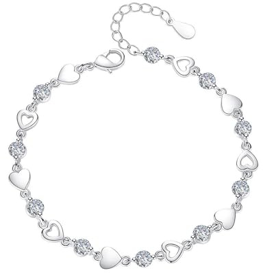 HinDaLi Silver 925 Hjärta Armband för Kvinnor och Flickor - Justerbart Diamant Kristall med Zirkon