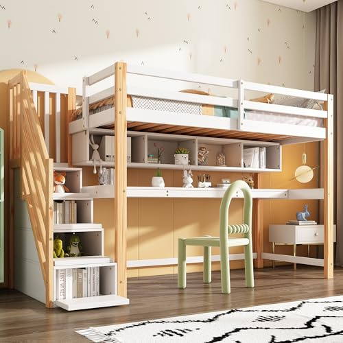 Gegtuon Etagenbett Bett 90x200 mit Tisch für Kinder, Kinderbett mit Stauraum Treppe & Regal, Hochbett Hausbett Bettgestell mit Lattenrost & Rausfallschutz für Kinderzimmer, ohne Matratze, Weiß&Natur