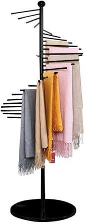 Metal Spiral Scarf Holder, 150/170cm Floor-Standing Scarf Display Rack, Hijab Belt Shawl Ribbon Iron Organizer Rack, with 30 Hanger Rods, Pivoting Stand for Clothing Store, Space Saving (Black, 170cm)