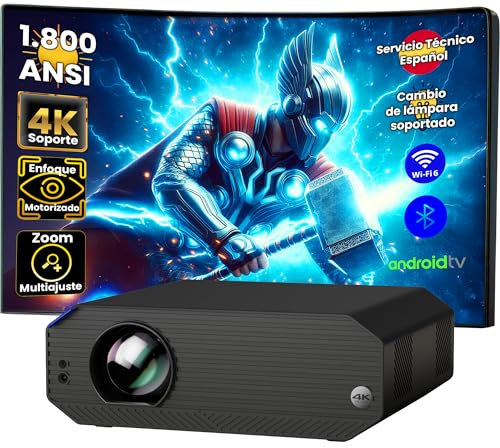 Unicview K5000 - Proiettore 4K, 1800 ANSI lumen, Videoproiettore Home Cinema e presentazioni con Android, Messa a fuoco motorizzata, Keystone 4D, Zoom digitale, HDMI, USB-A, USB-C, Audio Jack,