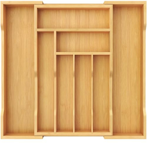 Lifewit Cutlery Drawer Organiser Bamboo, 31-53x43cm Extendable Cutlery Tray for Drawers Insert, 8 Compartments Wooden Kitchen Storage Holder for Utensil, Knife, Fork, Spoon, Large