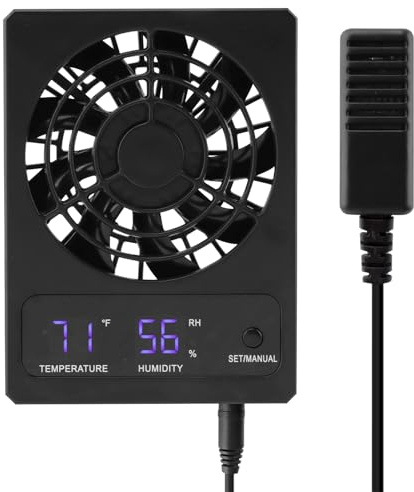 Reptile Ventilation Fan, LED Digital Thermometer and Humidity Gauge Dehumidifier for Pet Rearing Box Reptile Tank, with Humidity Sensor, for Humid Environments, Rainfo-Rest and Ecological Tanks