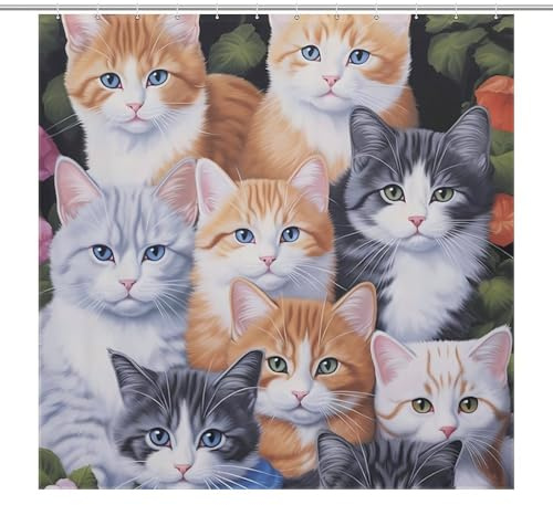 Cats Flower Garden Funny Shower Curtains Washable Bath Curtain Liner with Hooks for Bathroom Bath Tubs 72x72Inch (183x183cm)