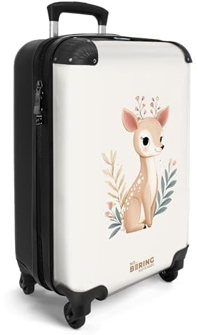 NoBoringSuitcases© Handgepäck Koffer Kinder Reisekoffer Kinderkoffer 4 | 55x35x20 cm - Rollen Leicht Cabin Trolley Hartschalenkoffer für Jugendliche Hirsch - Braun - Beige