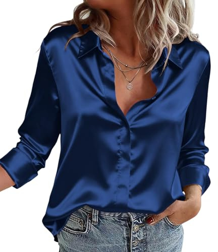 Zeagoo Camicia da Donna in Raso di Seta Camicetta Elegante Bluse Scollo a V Camicia a Maniche Lunghe Button Down a Tinta Unita Shirts Classico Tops Blu S