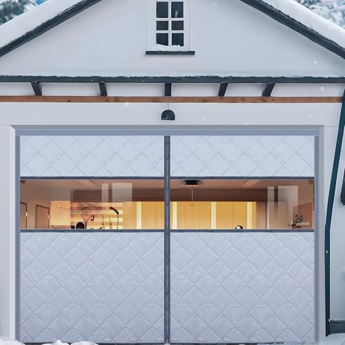 Kit D'isolation De Porte De Garage 16 X 7 Pieds - Rideau De Porte De Garage Insonorisé Et Isolé Thermiquement Avec Fenêtre Transparente, Tissu Oxford Rempli Et Coton épais,Grey